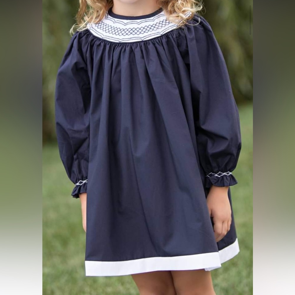 TBBC Beaufort Bonnet blue navy smocked dress long sleeves sandy white 5 girl